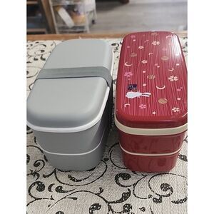 Gray Two-Tier Bento Box & Red Floral Two-Tier Bento Box Set